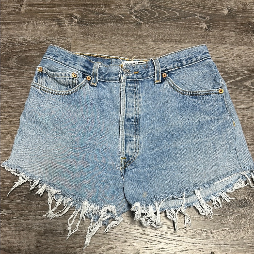 Re/Done Faded Blue Frayed Jean Shorts